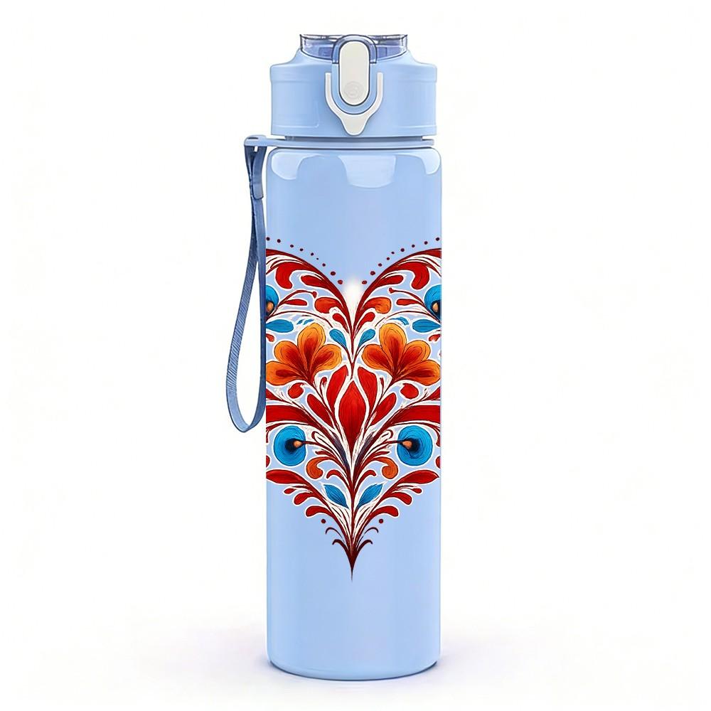 1PC Folk Floral Heart Pattern 750ml Color Plastic Sports Water Bottle Leakproof Flip Straw Lid Suitable for Sports Office Home Use