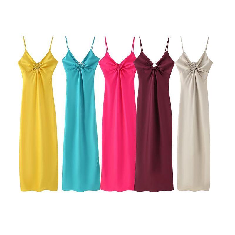 Kaslead New Arrival Women's Clothing Fashion Style Fashion Long Cut Out Decoration Satin Sling Dress