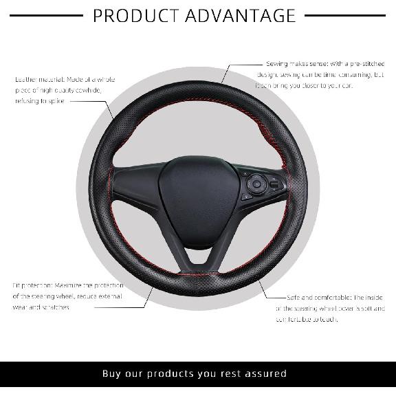 Leather Steering Wheel Cover, DIY Sewing With Needle & Thread, Breathable Anti-Slip Car Steering Wheel Protector, Universal 15 Inch Auto Steering