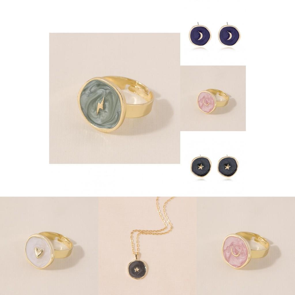Elegant Heart Moon Star Earrings Ring Necklace Set Geometric Alloy Plated Jewelry