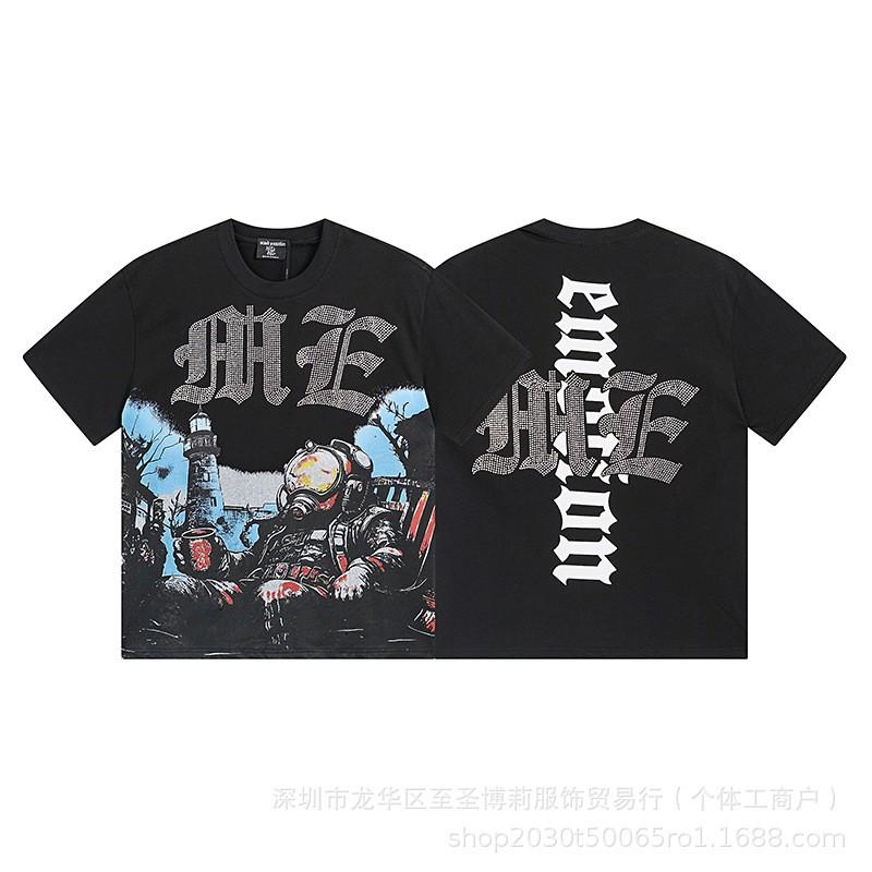 Unisex Vintage American Style Loose Fit Cotton Tee With Embellished Letter Print Round Neck Short Sleeve
