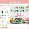 Brightly Colored Hawaiian Party Decor With Whimsical Flamingo And Dinosaur Banners