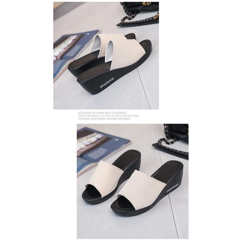 Women's Simple Wedge Sandals Summer New Breathable Casual Knitted Fabric Fish Mouth High-heeled Flip Slippers