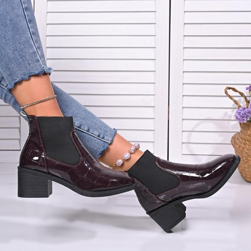 Damer Rund Tå Blokkhæl Lav Hæl Chelsea Boots Svarte Slip On Lakkskinn Ankelstøvletter Komfortable Sklisikre Sko
