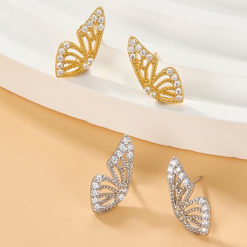S925 Sterling Silver Zircon Butterfly Stud Earrings, European & American Style, Niche High-End Fashion Jewelry