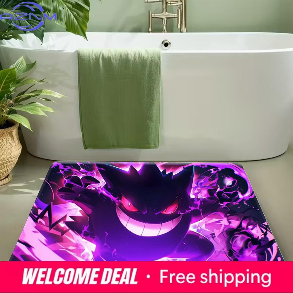 Pokemon Gengar Purple Flame Print Non-Slip Doormat, Absorbent Floor Mat for Home Decor