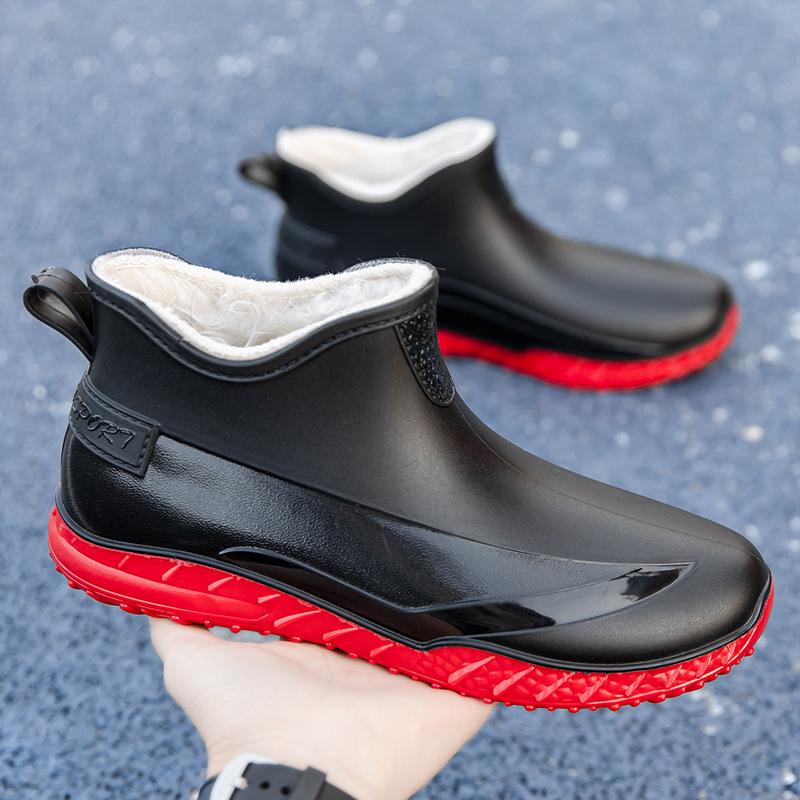 Regenschuhe kurzer Schaft Herren verschleißfeste Seeangelschuhe Herren Fleece Gummischuhe wasserdichte Regenstiefel Herren Ausgeh-Schneestiefel