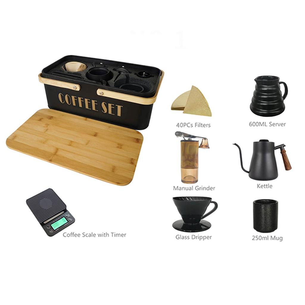 SOTECH Pour-Over Coffee Maker Set with Coffee Kettle, Scale, Ceramic Server, Ceramic Dripper, Coffee Grinder, Filter Paper, Ceramic Cups, and