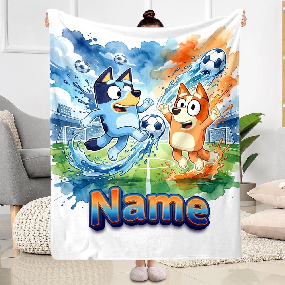 Soccer Fun Bluey Customize Text Blanket Gift Personalized Blanket Ultra-Soft Great for Living Room Bed Livingroom Nap Ideal for All Seasons