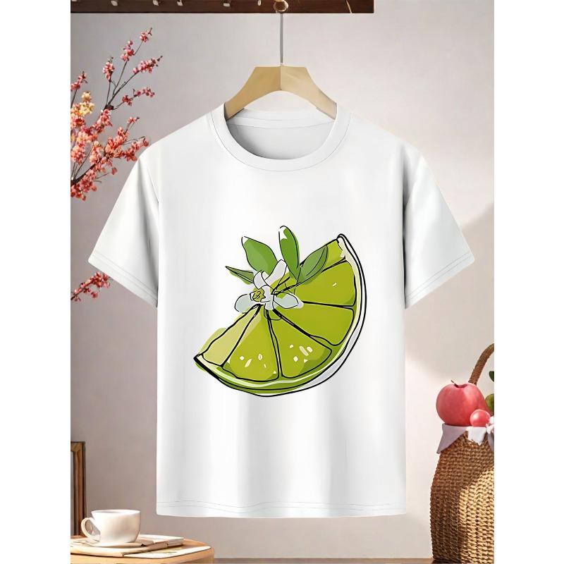 European Sizes ' Summer Casual Short Sleeve T-Shirt with Cartoon Lemon Print - Vibrant Red & Green Design,