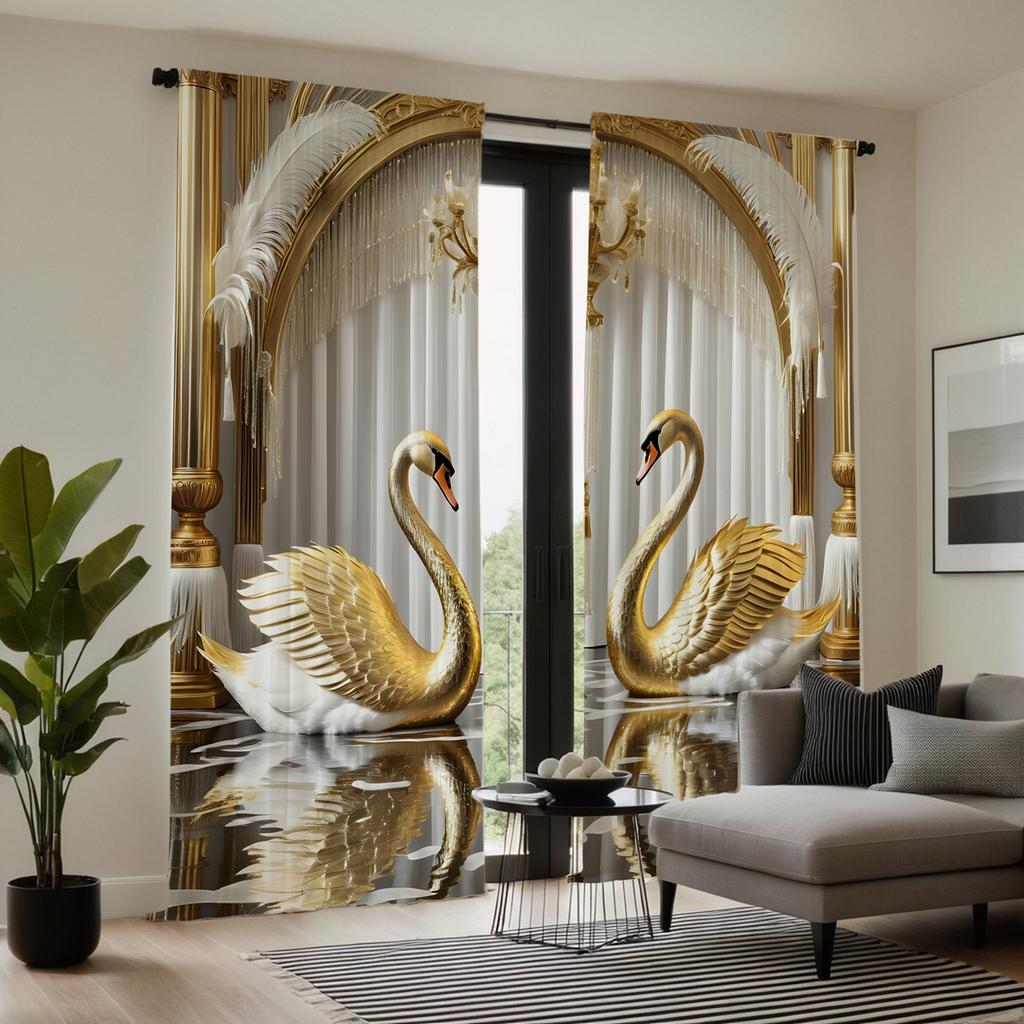 2-teiliger HD digitaler gelber Langhals-Schwan Vorhang Heimdekorationsstil Dekoration Wohnzimmer Schlafzimmer durch Stangenvorhang-Effekt