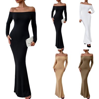 Women's Fashion Shoulder Solid Color Long Sleeve Sexy Split Knit Dress