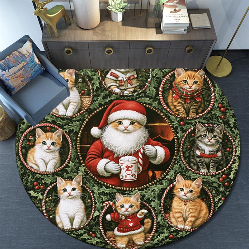 Cats and Santa Claus Round Area Rug,Carpet Rug for Living Room Bedroom Sofa Playroom Decor,Non-slip Floor Mat