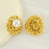 Vintage stainless steel gold stud earrings fashion earrings round inlaid pearl zircon fashion high-end earrings