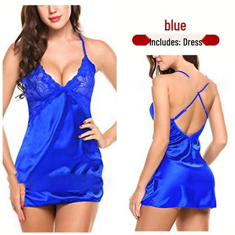 

Европейское эротическое белье: Сексуальный глубокий V-образный вырез, на бретелях, с открытой спиной, имитация шелка Medium синий