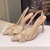 2025 Spring and Autumn High Heels Pointed Tip Stiletto Single Shoes Transparent Bow Rhinestone Sandals Fairy Style