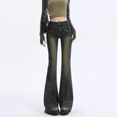 Damen High Waist Vintage Waschung Schlagjeans Ohne Stretch Nahtdetail Meerjungfrau Bootcut Hose Y2K Hot Girl Lässig Herbst Winter Jeanshose