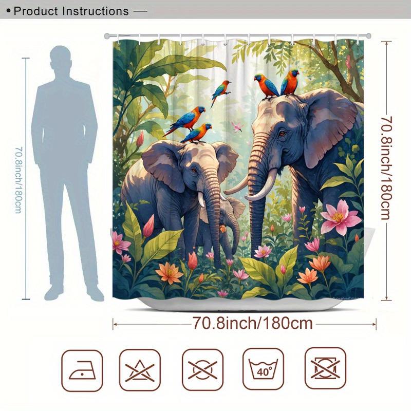 Elephant Parrot Shower Curtain 1Pc – Tropical Jungle With Colorful Birds & Lush Foliage, Wildlife Bath Curtain For Home Decor