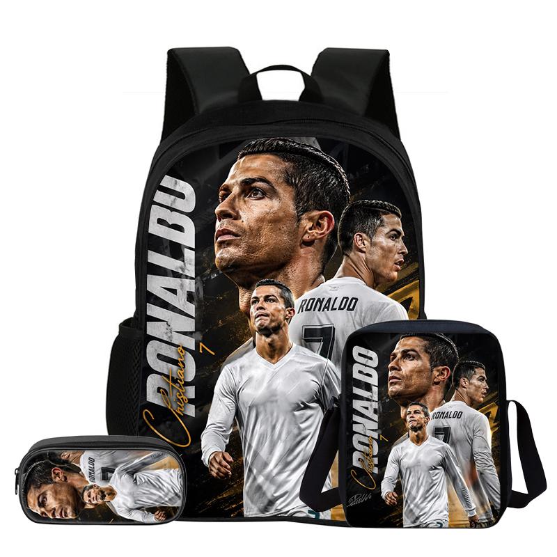 Set de 3 Piezas para Niños Mochila Estrella de Fútbol Estudiante Bolso de Hombro Escolar Bolsas para Lápices Ronaldo Mochila Escolar CR Mochila Mejor Regalo
