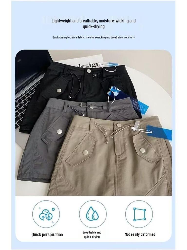 Women's High Waist Gray Workwear Mini Skirt with Drawstring Design