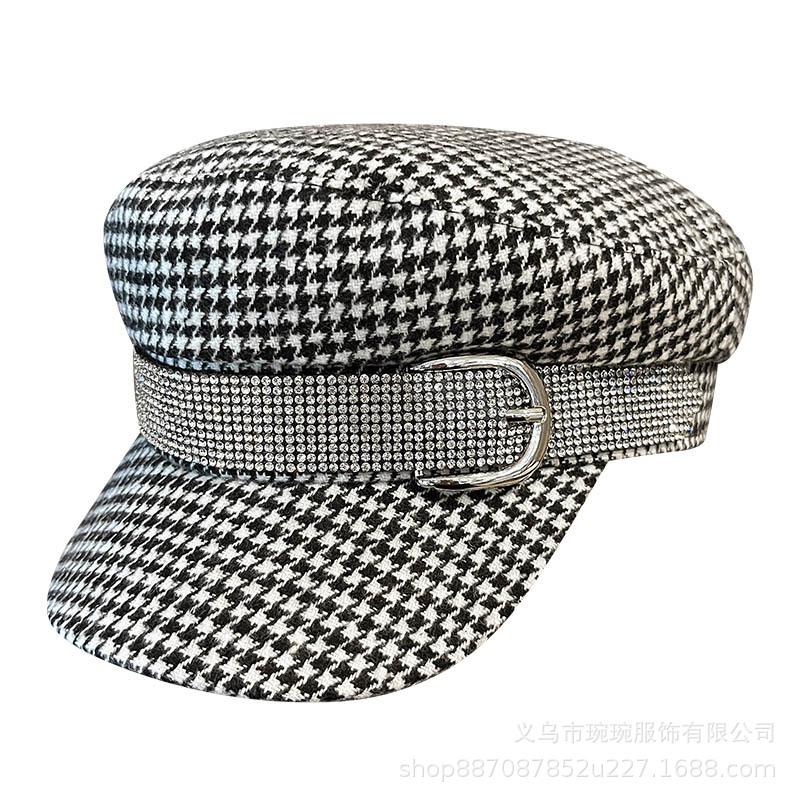 Autumn and winter versatile retro British style checkerboard flat top hat women's new rhinestone with newsboy hat