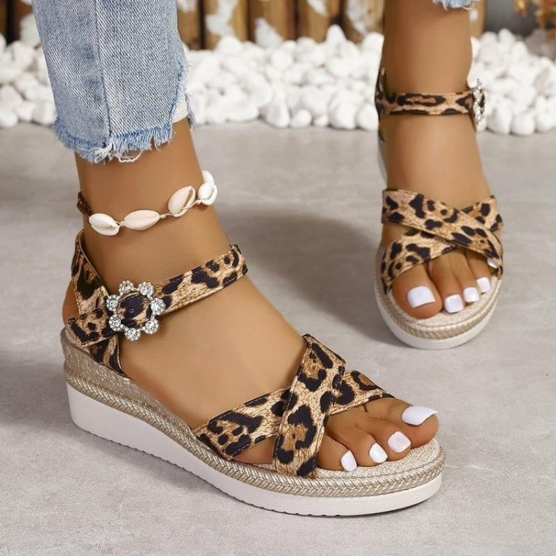 New Sexy Roman Shoes Open Toe Wedge Women's Sandals Summer Fashion Casual Elegant Leopard Print High Heels NO:F0001