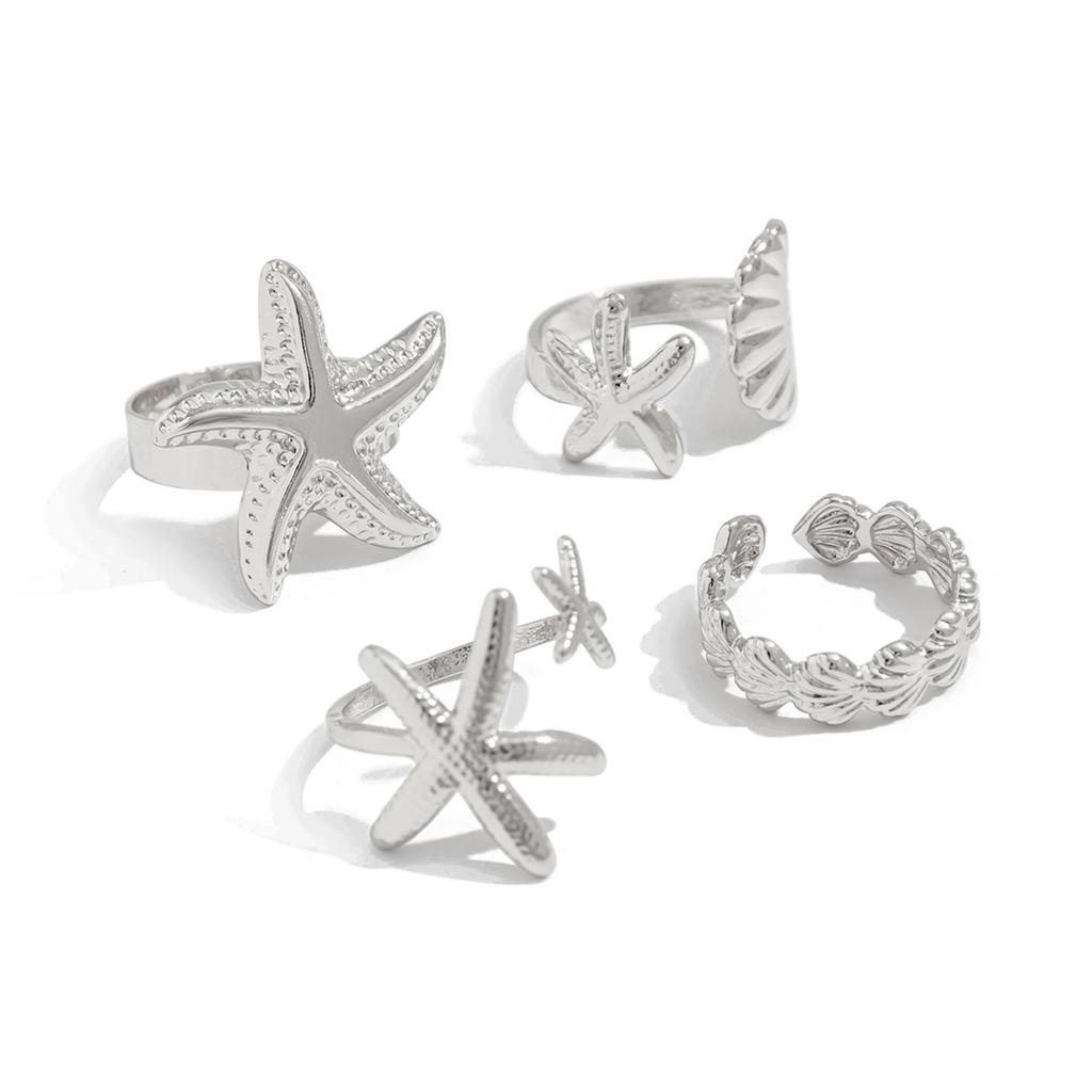 Set of 4 Adjustable Geometric Shell Rings for Women Summer Beach Jewelry in Gold & Silver Alloy Coastal Accessories
