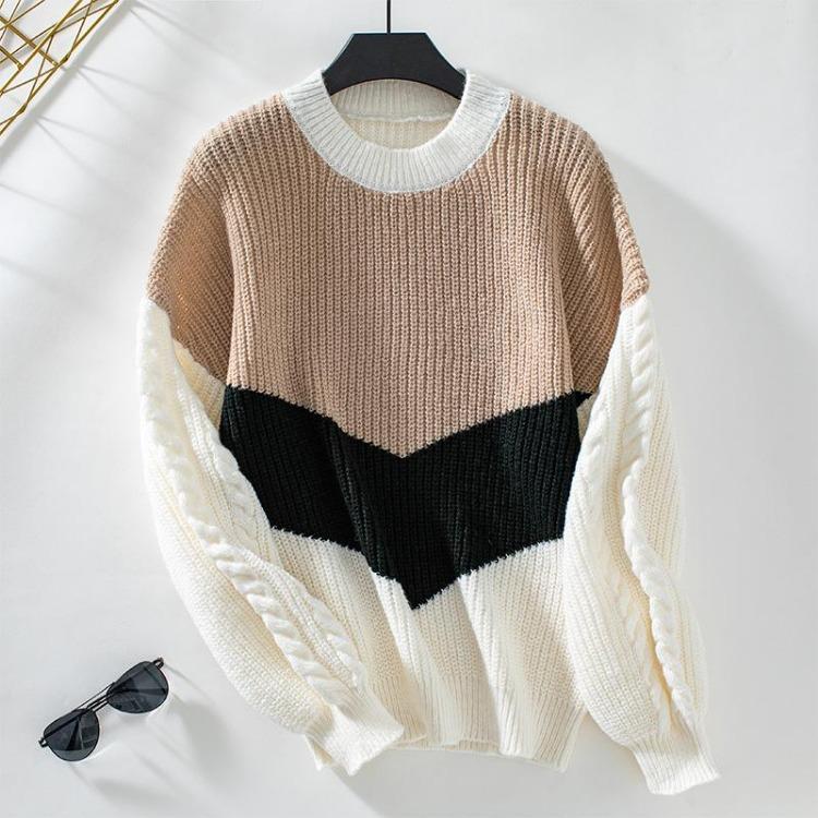 Vintage Collision Color O Neck Loose Long Sleeve Knitwear Cardigan Sweater Top Autumn Winter