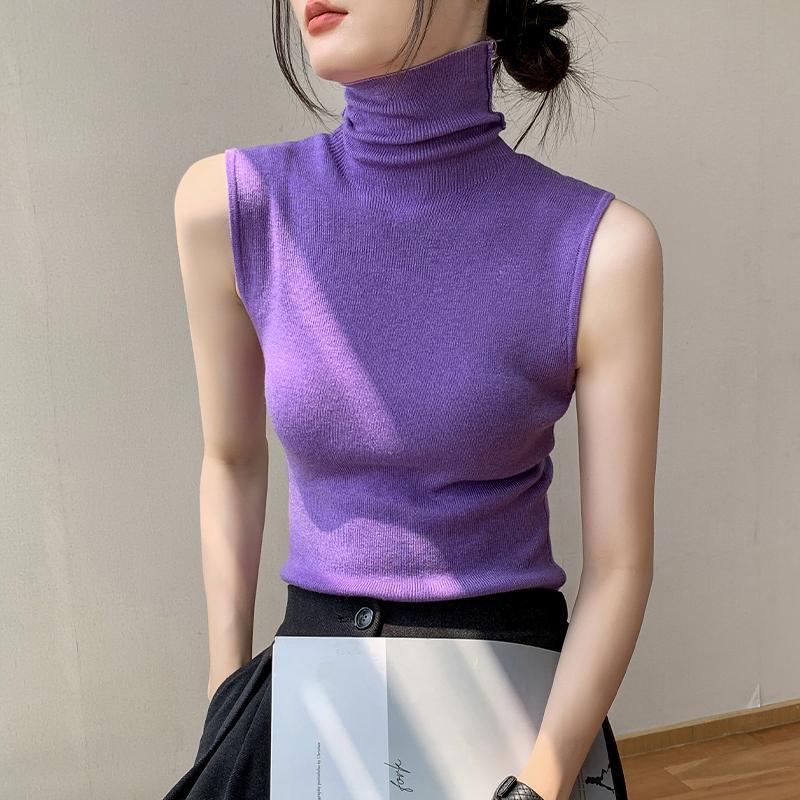 Women's Turtleneck Knit Vest Autumn Winter Slim Fit Slouchy Collar Shrug Sleeveless Lining Top