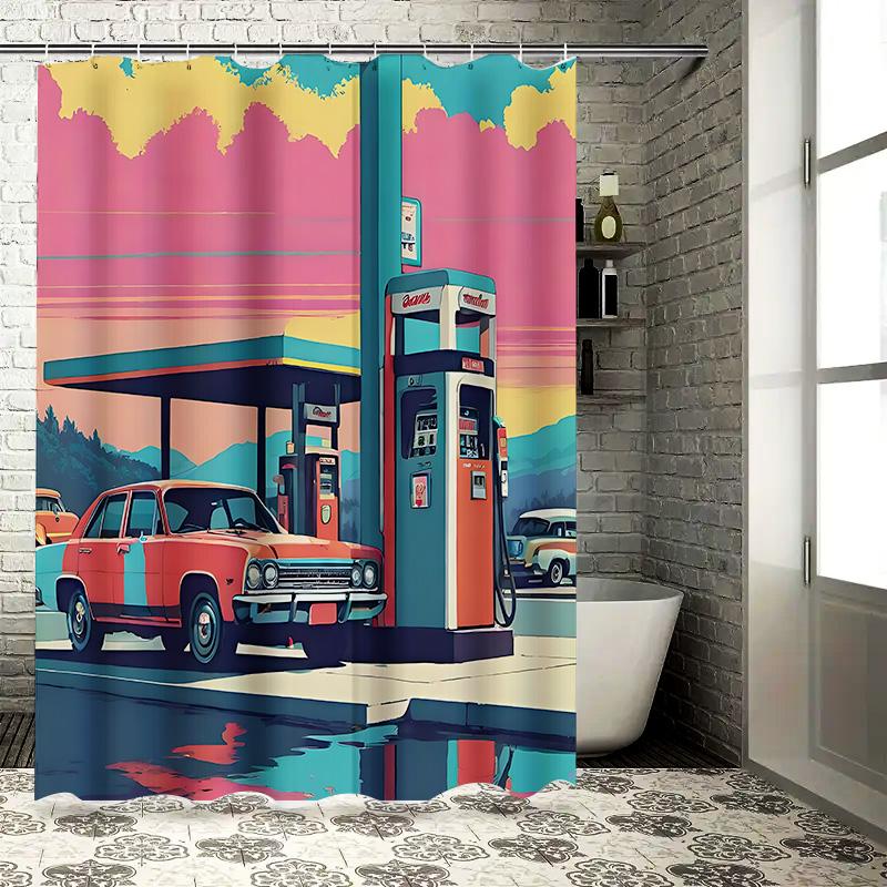 Vintage Car Gas Station Shower Curtain Artistic Illustration Home Decor For Stylish Home Upgrade Waterproof Durable Easy-Clean
