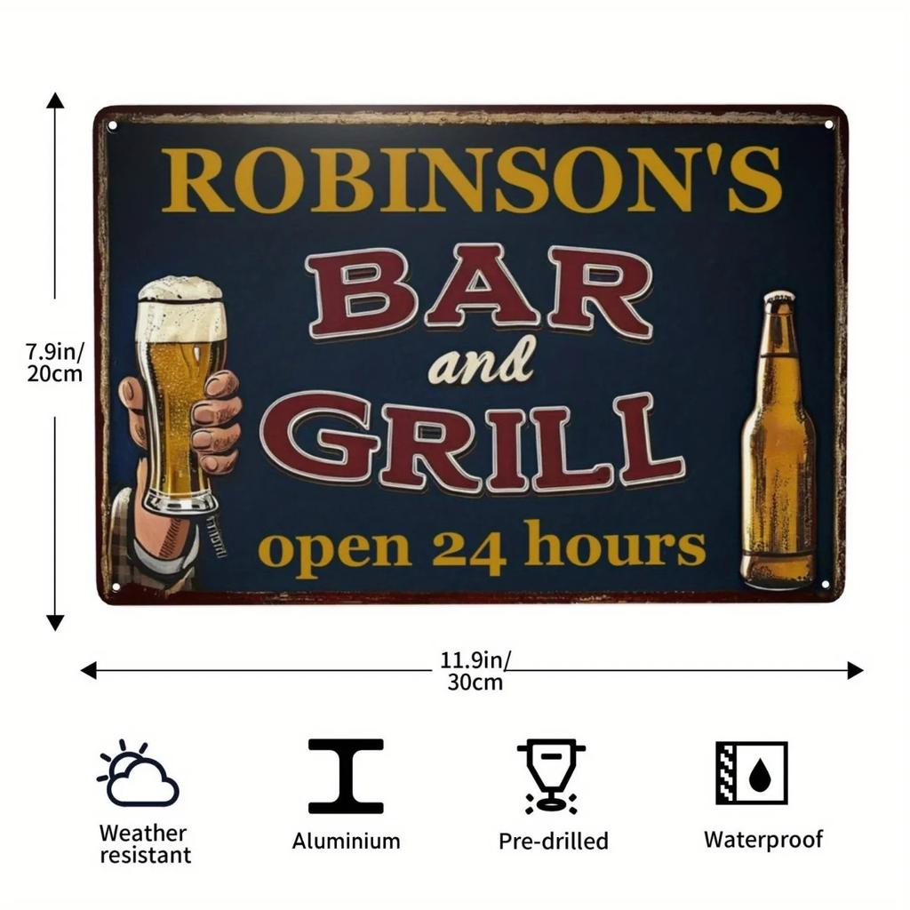 Personalized Aluminum Bar & Grill Sign 20x30cm Custom Text Logo Metal Plaque Man Cave Pub Wall Decor for Home Bar Restaurant