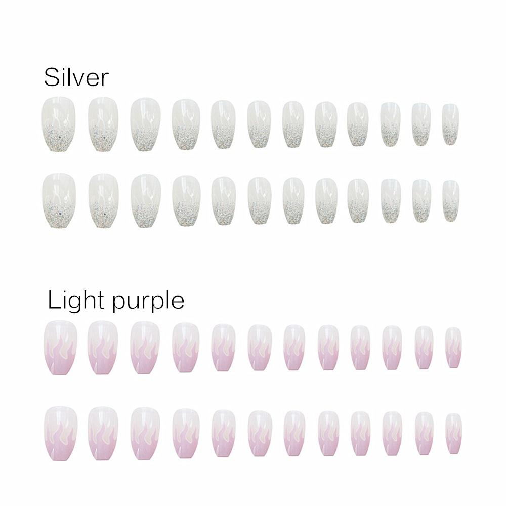 24pcs/set Reusable Flame Fake Nails Acrylic Coffin Ballerina Blue Pink Purple Silver Fire Full Cover False Nails Nail Tips Nail Art Tools