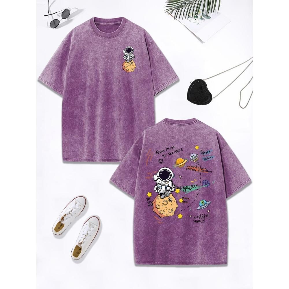 Cartoon Astronaut Space Adventure Prints Washed T-Shirt Womens Cotton Oversized Tops Distressed O-Neck T Shirt  Clothes