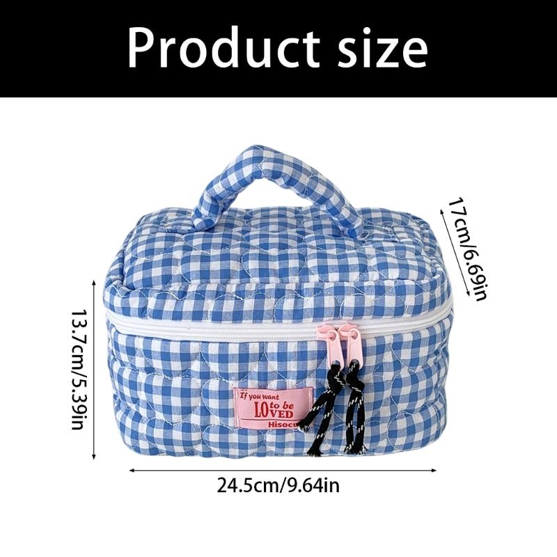 For Travel And Gym Use Convenient Hand Carry Plaids Cosmetic Storage Bag Large Capacity Quilted Heart Embroidery
