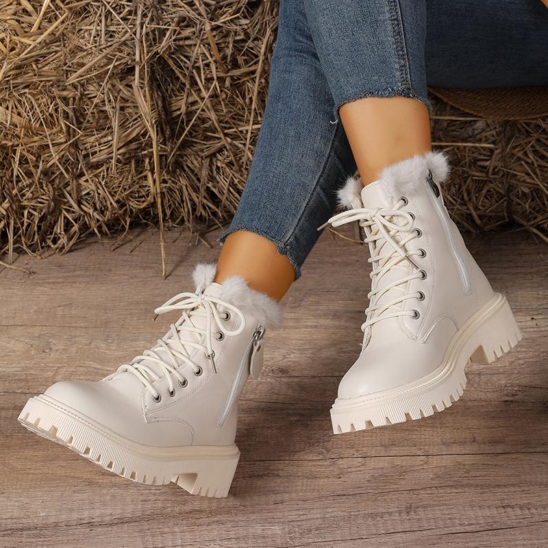 Fashion Autumn Winter Plush Warm Ankle Boots Women Fashion Solid Color PU Leather Short Boots Woman Plus Size Non Slip Platform Booties