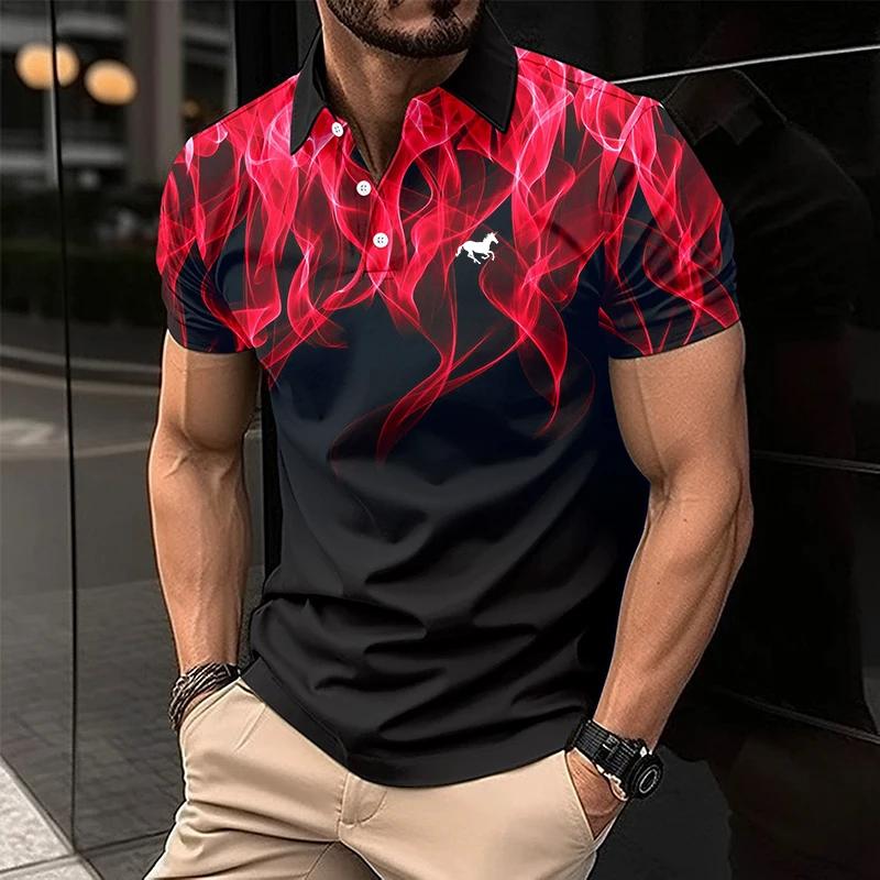 Camiseta Polo de Manga Corta con Estampado de Llamas de Moda, Ropa Casual Elegante para Hombre
