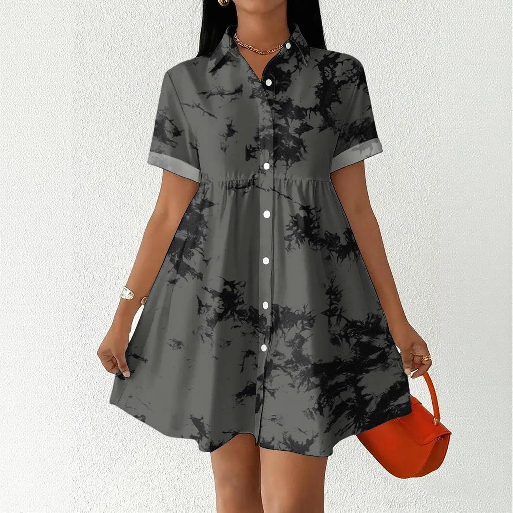 Women’s Casual Loose Fit Shirt Dress with Button Front Stand Collar Short Sleeve Polka Dot and Stripe Print Design