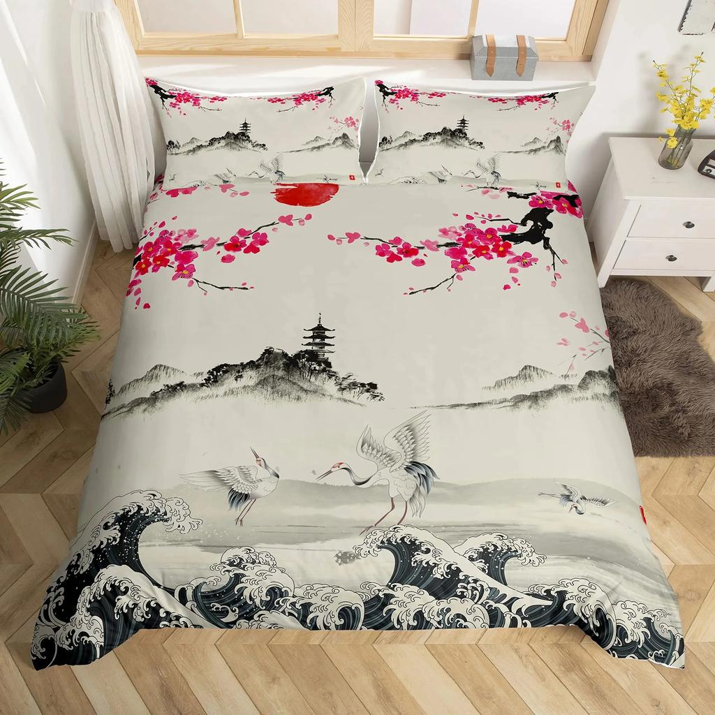Japanese Ukiyoe Duvet Cover Set Hokusai Pattern Bedding Set Watercolor Sun Mountain Comforter Cover Exotic Style Quilt Cover Set