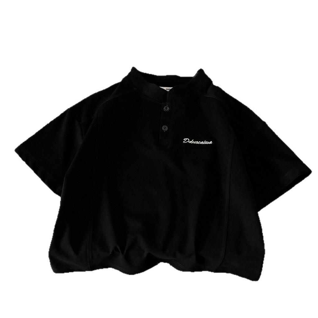 Cool Summer Cotton Stand-Up Collar Casual Embroidered T-Shirt for Boys and Girls (Oversized)