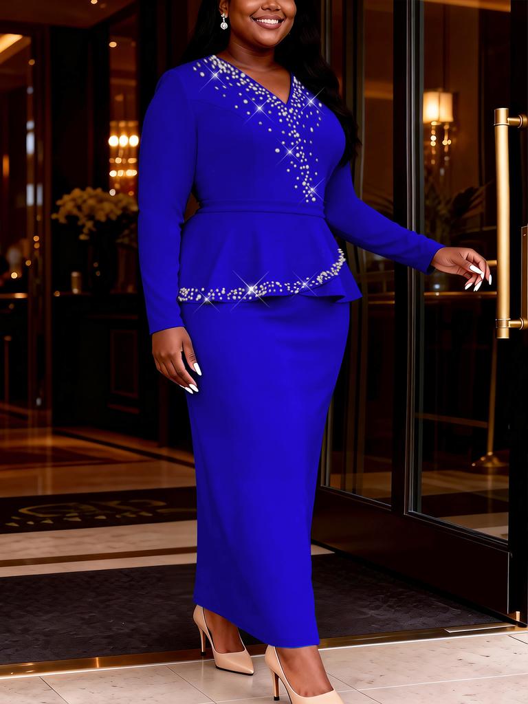 AOMEI Plus Size Women's Elegant Beaded Peplum Dress Long Sleeve V Neck Maxi Church Evening Formal Event Dresses