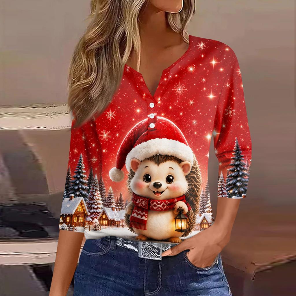 Women's Fashion Casual Christmas Print V-Neck 3/4 Sleeve Button T-Shirt Top