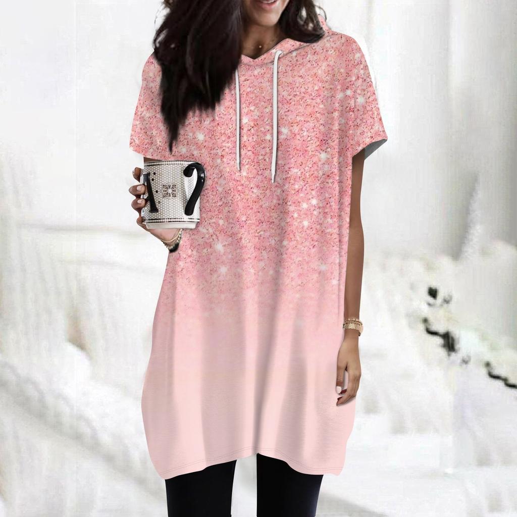 Women's  Hoodies Casual Short Sleeve Shirts Fashion Print Tunic Tops With Pockets