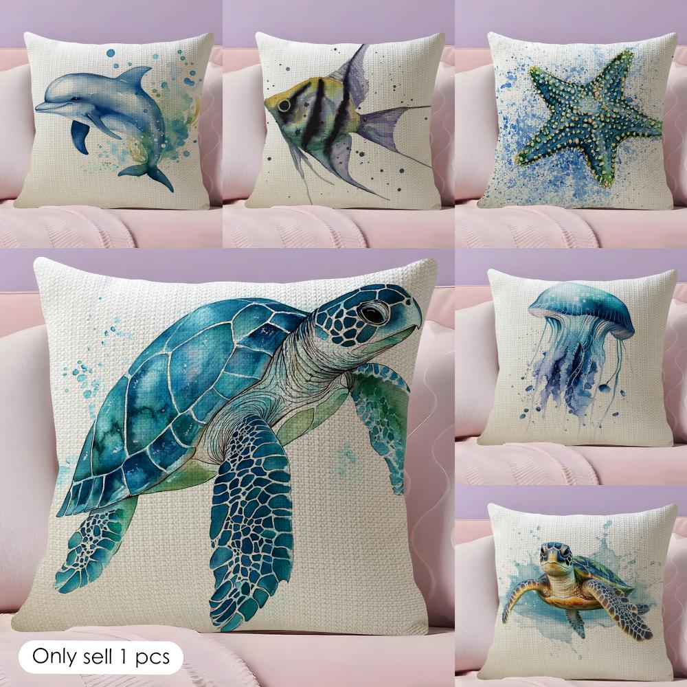 Sea Animal Turtle Coral Cushion Cover Natural Linen Pillow Cover DoubleSided Print Cushion Cover for Sofa Home Decor