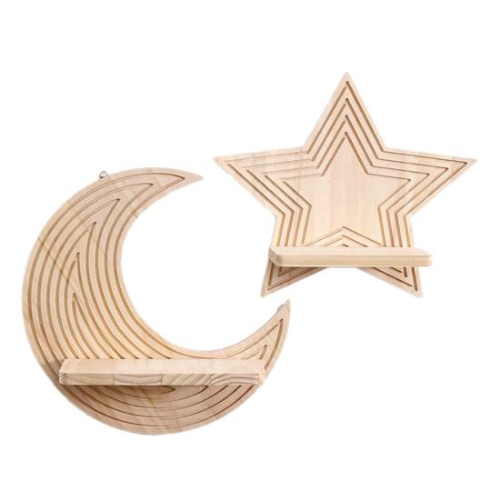 Moon Star Wall Shelf Boho Wooden Floating Wall Shelves Wall Mounted Plant Holder for Living Room Bedroom Modern Home Decor