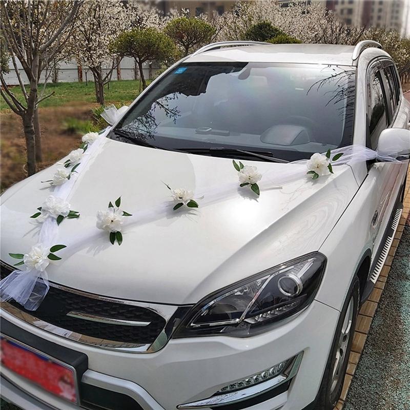 9 Flowers White Pink Rose Artificial Flower For Bridal Shower Car Decoration Wedding Door Handle Ribbons Silk Flowers Decor