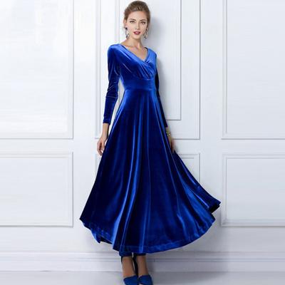 Vestido de noche para mujer, de terciopelo dorado, escote en V, plisado, corte en A, color puro, mangas largas
