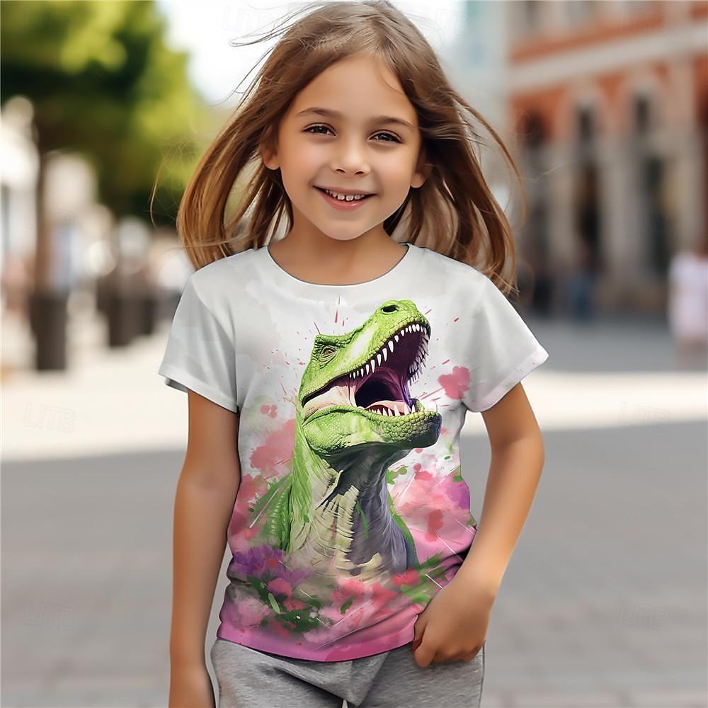 Girls' 3D Floral Dinosaur Tee Shirts Pink Short Sleeve 3D Print Summer Active Fashion Top