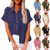 Women's Fashionable Loose-Fit Casual Shirt Button-Up Short-Sleeve Cotton-Linen Blend Top