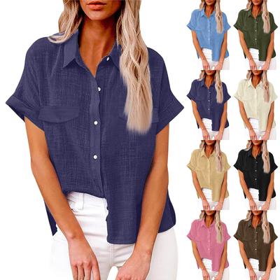 Women's Fashionable Loose-Fit Casual Shirt Button-Up Short-Sleeve Cotton-Linen Blend Top