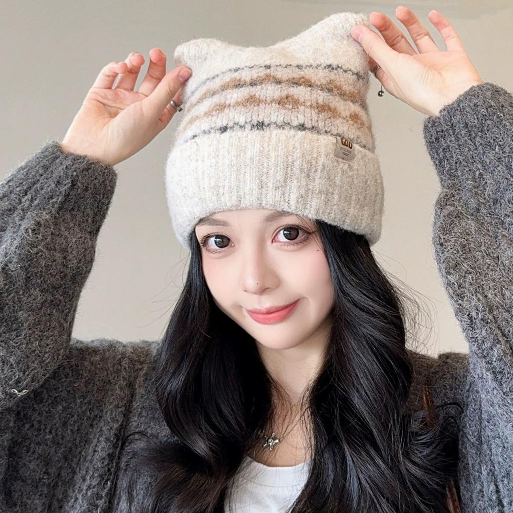 New Retro Fair Island Wind Jacquard Knitted Wool Hat Women's Winter Velvet Warm Cute Ear Cold Hat